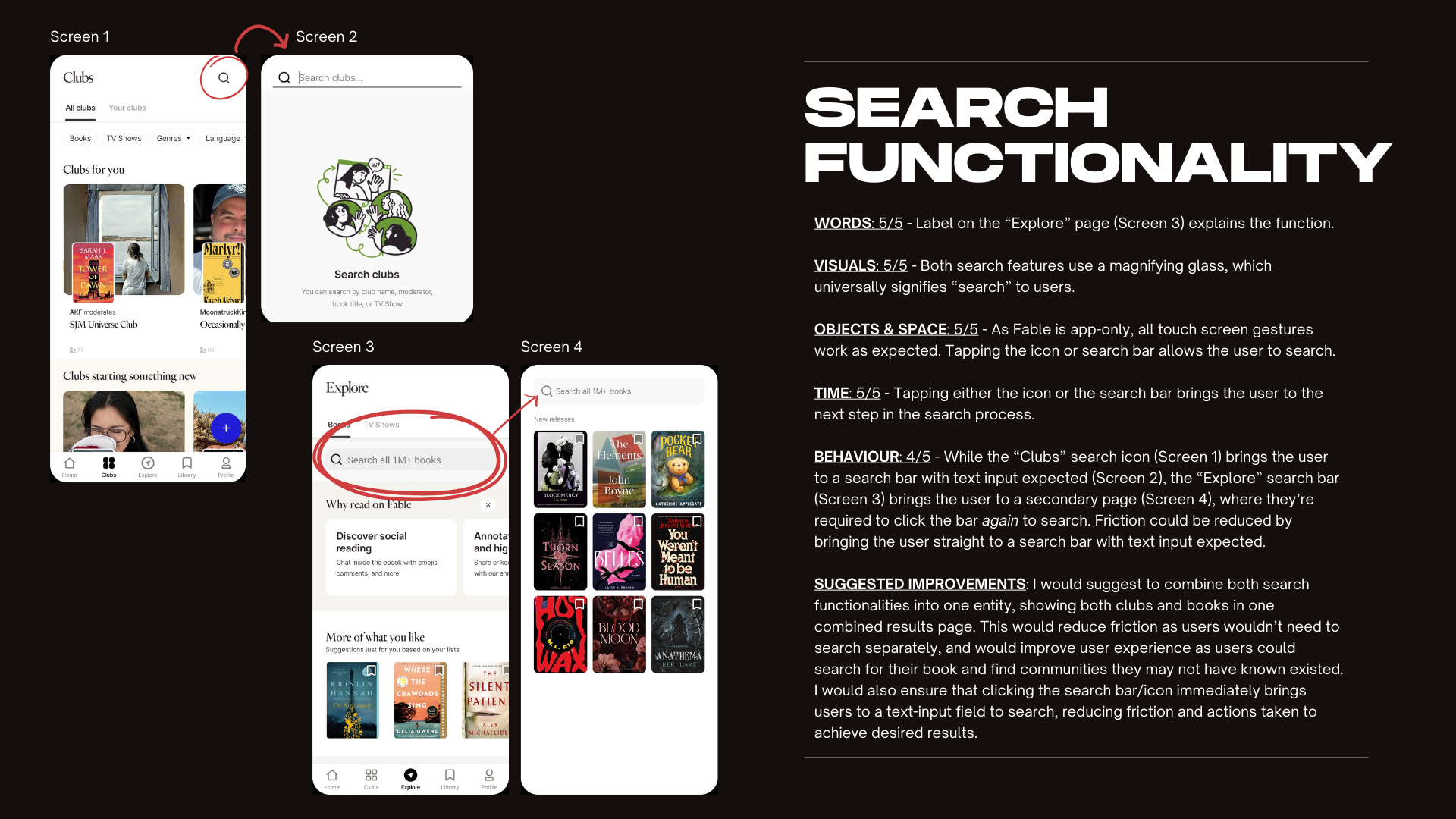 A slideshow image showing the search functionality analysis for reading app Fable.